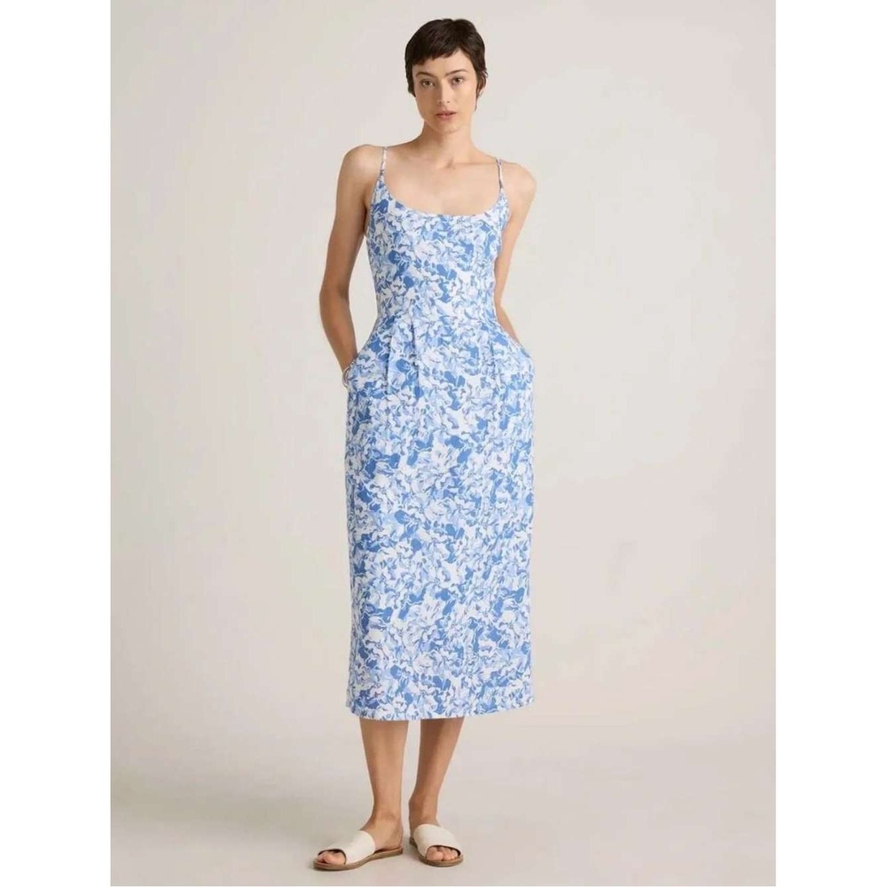 Quince Linen Scoop Neck Midi Dress Floral Waterfall Blue White XL NEW‎